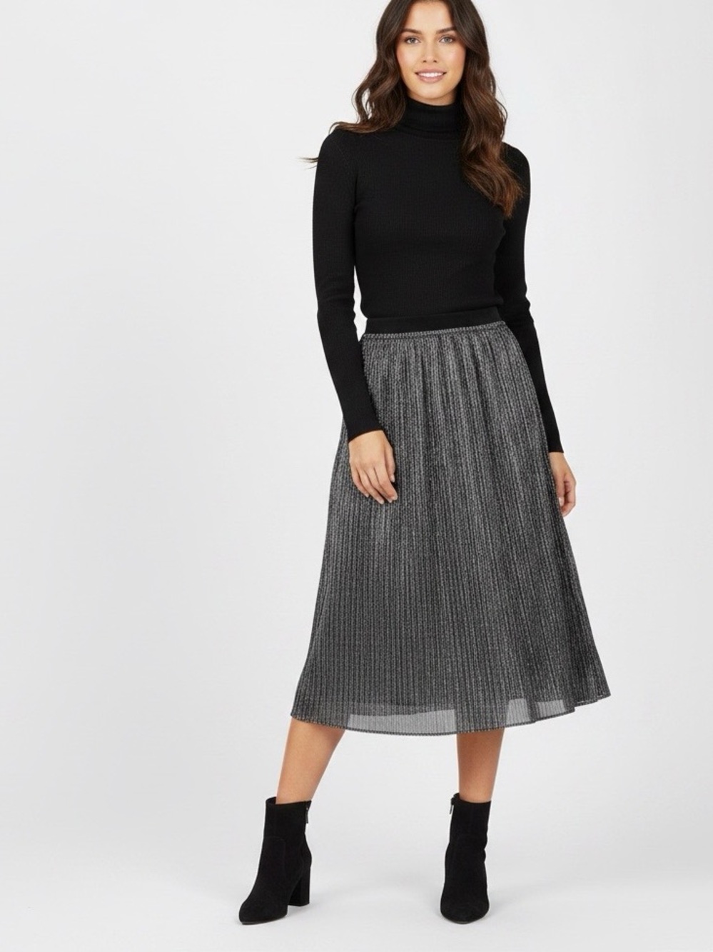 LOFT Metallic Pleated Midi Skirt - Silver size XSP